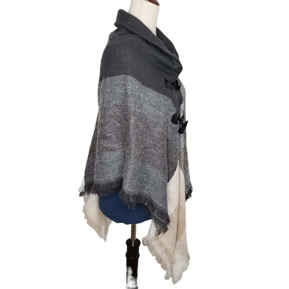 Knit Poncho Wrap with Two Button Closure